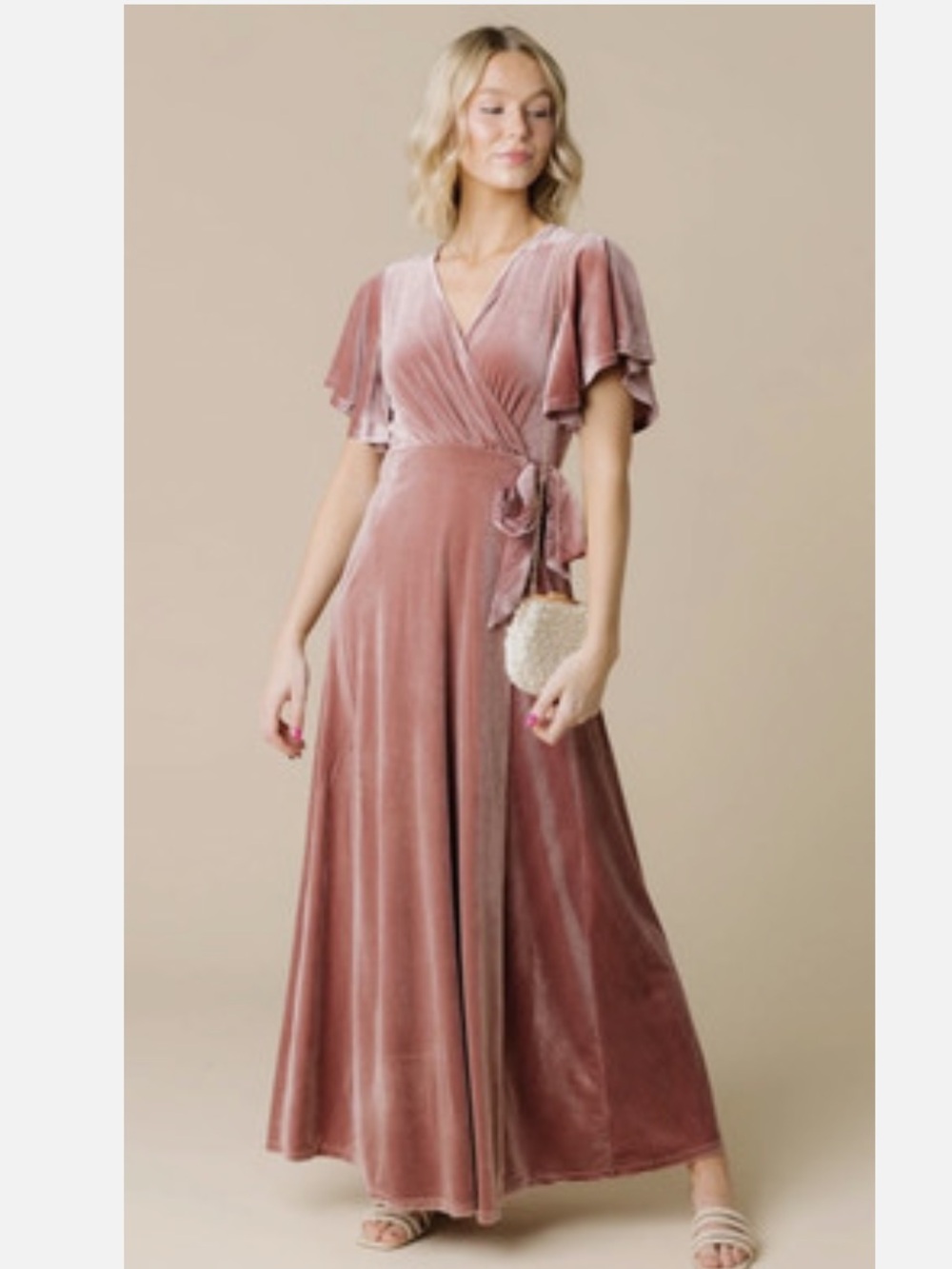 Baltic Born Meghan Velvet Wrap Maxi Dress Sz S Pink Dusty Mauve Formal Wedding